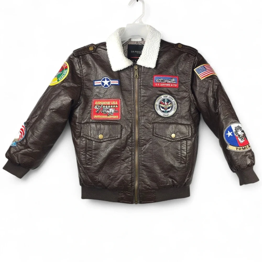 Da Fei Li Boys Bomber Jacket Size 10 Flight Aviator Faux Leather Patches Coat